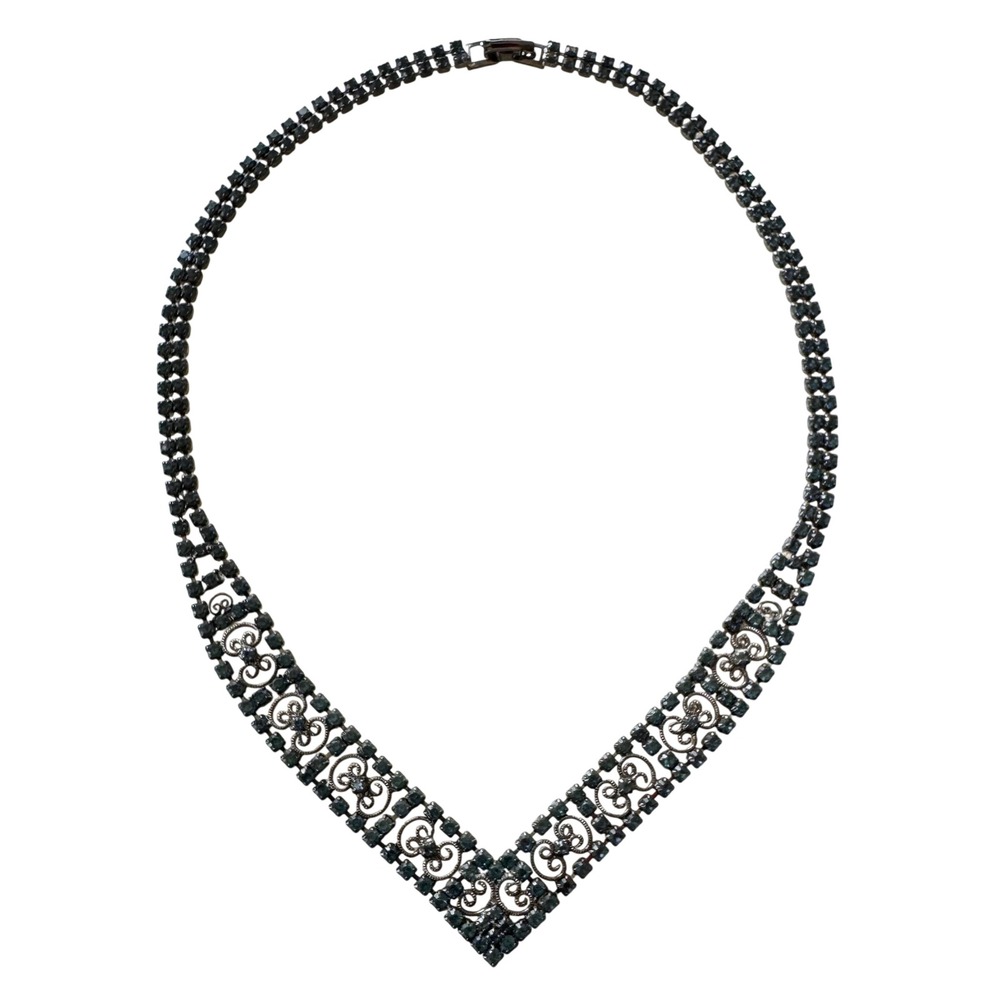 Vintage 60s Navy Blue Rhinestone Statement Necklace V Shape Filigree Collar